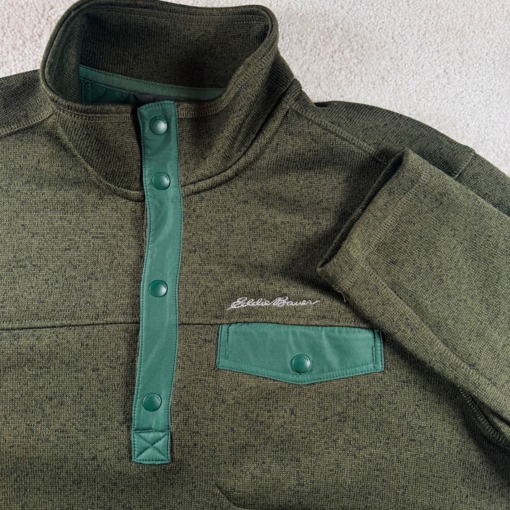 Eddie Bauer Mens Large Olive Green Heathered Snap Mock Neck Fleece Pullover